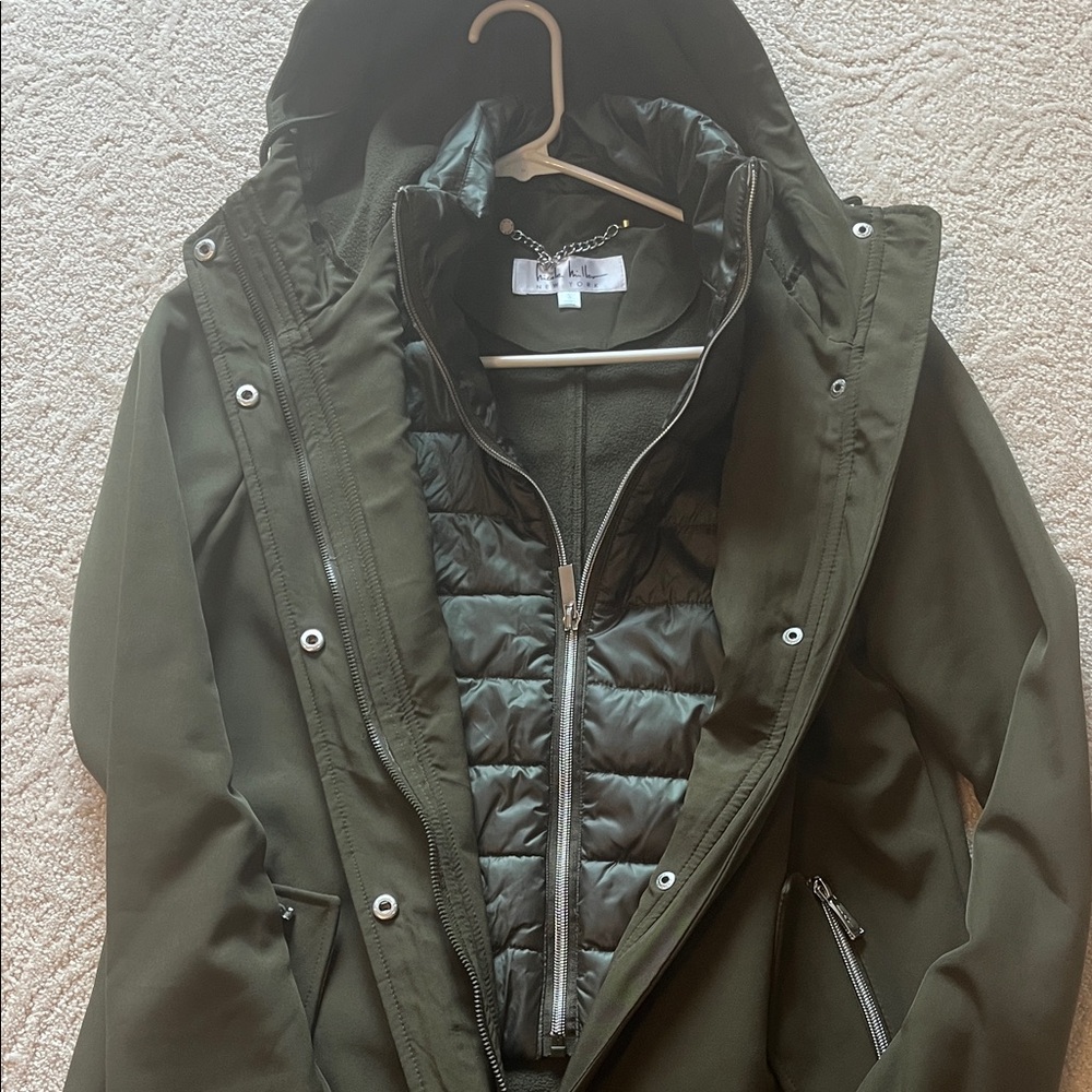 Nicole Miller Olive Green Hooded Raincoat
